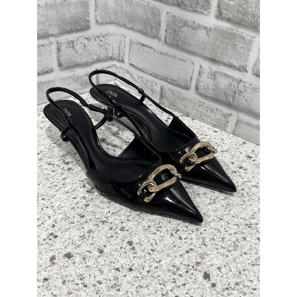 Zara Black Patent Leather Slingback Heels with Gold Chain Detail, Size 39